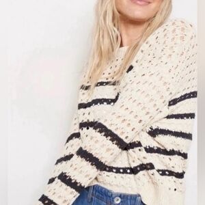 Evereve Cream Cotton Open-Knit Striped Sweater Size Large